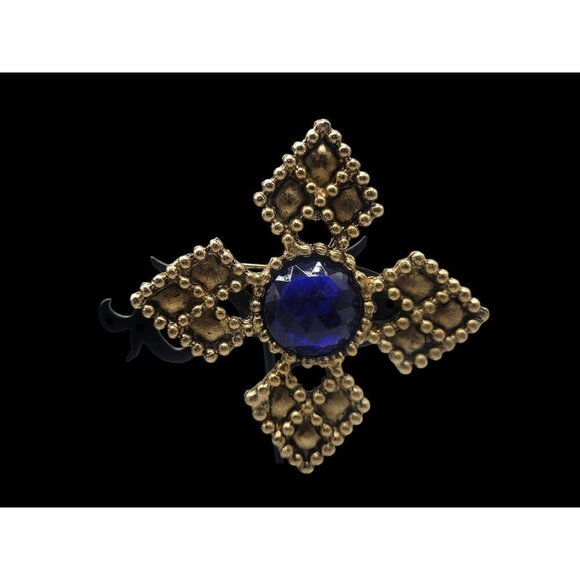 Four Point Dotted Cross Brooch Blue Fauceted Large Rhinestones Gold Tone - Picture 1 of 13